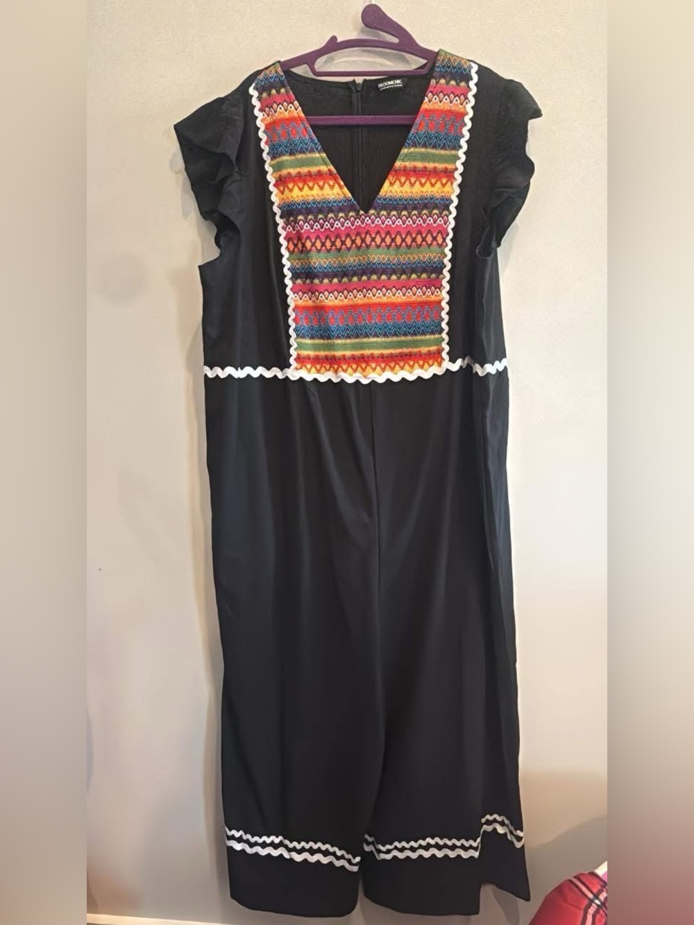 BloomChic Black Jumpsuit with Multicolor Embroidered V-Bib